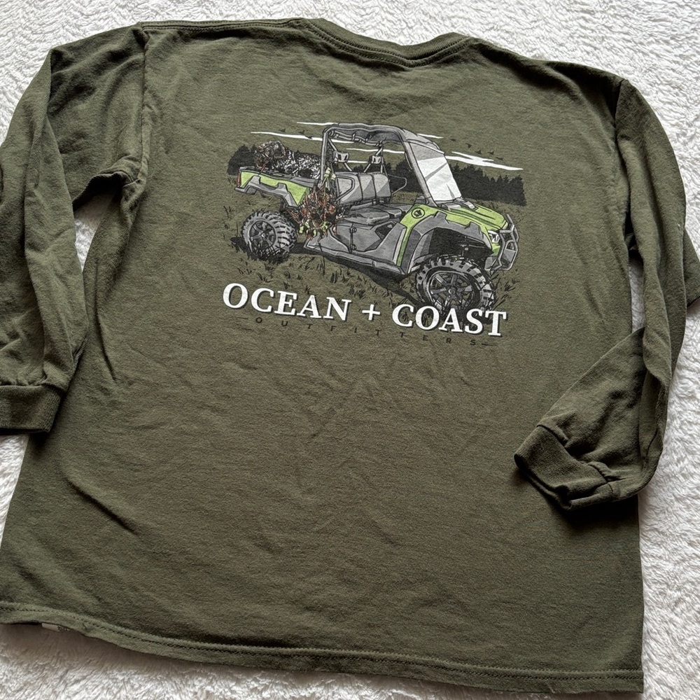 Kids Olive Green Long Sleeve Outdoors Shirt with dog, birds, and side by side.